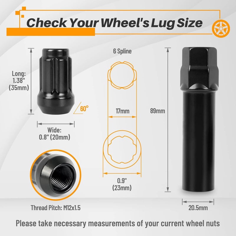 MIKKUPPA 20PCS M12x1.5 Black Lug Nuts - Spline Lug Nuts Replacement for 2006-2022 Honda Civic, 1998-2022 Honda Accord, 2006-2022 Hyundai Elantra, 2005-2022 Hyundai Sonata Aftermarket Wheel Lug Nut - Image 2